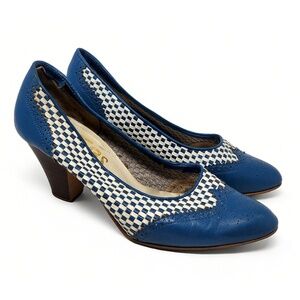 Linnas 8.5 Leather Woven Checkered Brogue Pumps Block Heel 80s Oxford Shoes 3in